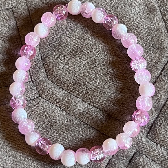 Handmade Jewelry - Handmade Light Barbie Pink & White Beaded Bracelet, Size 7”